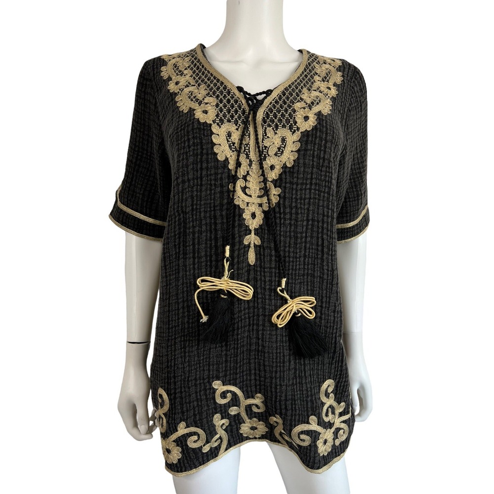 Soft Surroundings Women's Small Top Sahara Tunic Gray Black Tassels Boho Indie